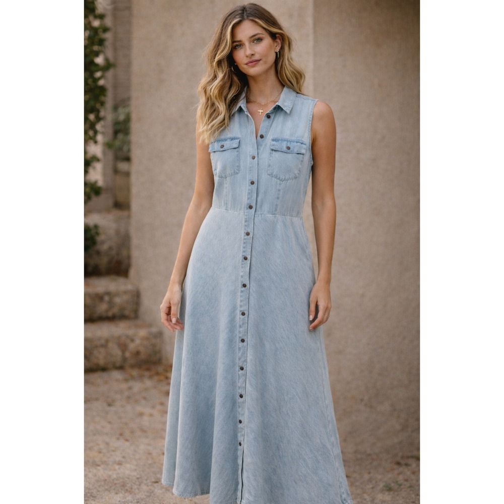 Chadwicks of Boston Soft Denim Chambray Shirt Dress 16 Button Front Blue